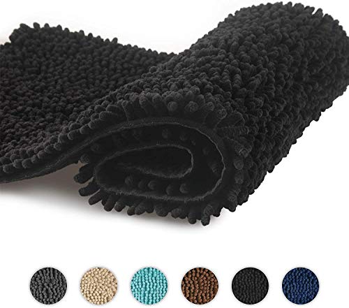 Alfombras de Baño de Pelo Largo Antideslizantes 50X80 cm, Tapete para el Piso Lavable a Máquina con Microfibra de Chenilla Absorbente de Agua Suave para Bañera, Ducha y Baño (Negro)