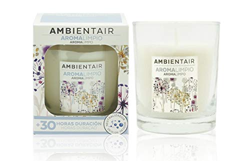 Ambientair. Vela aromática Aroma a Limpio. Vela perfumada con Cera Vegetal y Perfume Natural. Duración Estimada de 30 Horas. Disfruta de la aromaterapia en tu casa con Esta Vela en Vaso de Cristal Ambientair. Vela aromática Aroma a Limpio. Vela perfumada con Cera Vegetal y Perfume Natural. Duración Estimada de 30 Horas. Disfruta de la aromaterapia en tu casa con Esta Vela en Vaso de Cristal