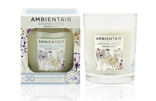 Ambientair. Vela aromática Aroma a Limpio. Vela perfumada con Cera Vegetal y Perfume Natural. Duración Estimada de 30 Horas. Disfruta de la aromaterapia en tu casa con Esta Vela en Vaso de Cristal