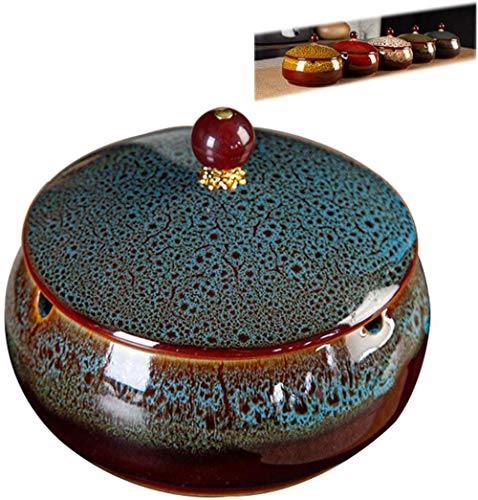 AMITD Cenicero para cigarros Cenicero de   cerámica china con una cubierta Mesa de té Mesa de centro Pequeña decoración Apartamento Dormitorio Retro Cigarro y azul humo