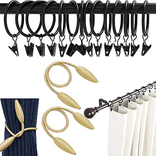 Anillas para Cortinas con Clip de Metal Clips de Anillo de Cortina Metal Negro Resistente Herrumbre Anillas para Cortinas con Pinza, Fácil de Abrir y Cerrar 38.6 mm Diámetro Interior, 15 piezas