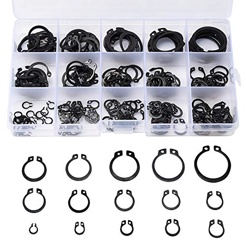 Anillos de seguridad, E-clip Anillo de retención Circlips, 175 pcs, 15 tamaños 4.5 a 23 mm, Acero al carbono negro