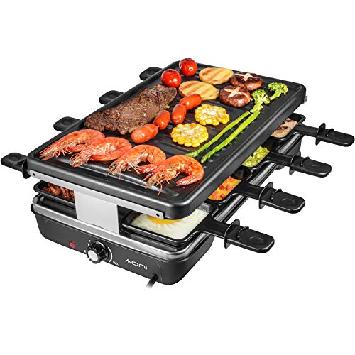 AONI Electrica Raclette Grill Parrilla de fiesta sin humo Parrilla de barbacoa eléctrica con superficie de asado antiadherente, control de temperatura de 1200W, sirve a toda la familia