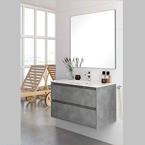 Aquore Mueble de Baño con Lavabo y Espejo | Mueble Baño Modelo Balton 2 Cajones Suspendido | Muebles de Baño | Diferentes Acabados Color | Varias Medidas (Cemento, 100 cm)