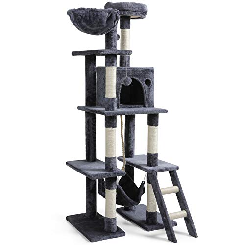 Árbol para Gatos,155CM Arbol Rascador para Gatos con Nidos, Hamaca,Plaraforma,Bolas de Juego y Juguete de Sisal Natural Grande Árbol Gato para Rascador Escalar Diseño Anticaídas,Multi-Piso Gris Oscuro