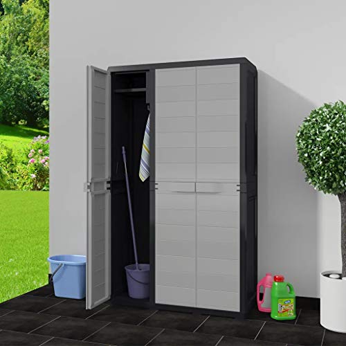 Armario de Exterior con 3 puertas y 4 Estantes ajustable, Armario de Almacenamiento de Plástico de jardín 97 x 38 x 171 cm, Negro+Gris Armario de Exterior con 3 puertas y 4 Estantes ajustable, Armario de Almacenamiento de Plástico de jardín 97 x 38 x 171 cm, Negro+Gris