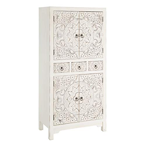 Armario de Madera Blanco con 3 cajones y 4 Puertas Oriental de 131x33x63 cm - LOLAhome Armario de Madera Blanco con 3 cajones y 4 Puertas Oriental de 131x33x63 cm - LOLAhome