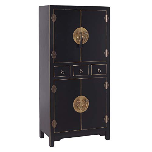 Armario de Madera Negro con 3 cajones y 4 Puertas Oriental de 63x33x131 cm - LOLAhome Armario de Madera Negro con 3 cajones y 4 Puertas Oriental de 63x33x131 cm - LOLAhome