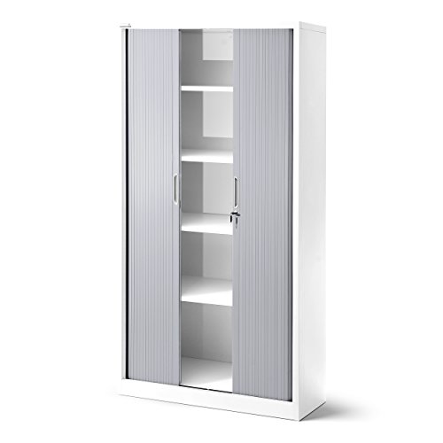Armario de persiana T001, armario universal para archivadores, para despacho, armario con persiana transversal, con puertas correderas, con cerradura, 185 cm x 90 cm x 45 cm (blanco/gris)