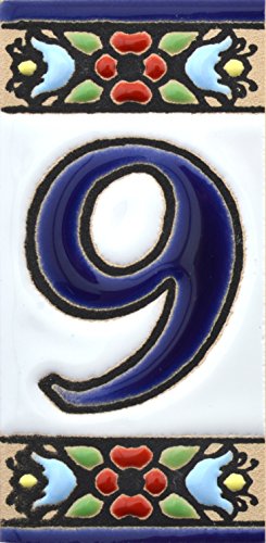 ART ESCUDELLERS Números casa. Numeros y Letras en azulejo Ceramica policromada, Pintados a Mano técnica Cuerda Seca. Nombres y direcciones. Diseño Flores Mini 7,3 cm x 3,5 cm. (Numero Nueve 9")