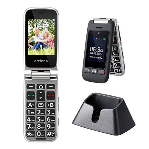 Artfone Teléfono celular Senior con tapa desbloqueada, teclas grandes, botón SOS, alto volumen, radio FM, cámara para ancianos (pantalla de 2.4 '', SIM dual, antorcha, estación de carga)
