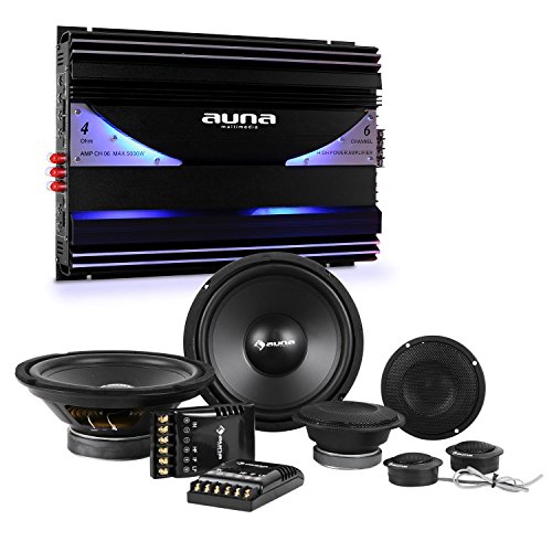 auna CS-COMP-8 Equipo de Altavoces HIFI con Subwoofer para Coche - Terminal de 6 canales con 570 W, 2 x Subwoofer de 1600 W, 2 x altavoces Driver, 2 x tweeters dome, Filtro de cruce