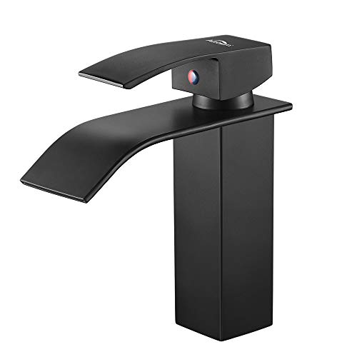 Auralum - Grifo Lavabo Cascada Negro Práctico Moderno Grifos Cascada de Baño Cuadrado Mezclador Grifo de Lavabo Latón Monomando Altura Total 183mm