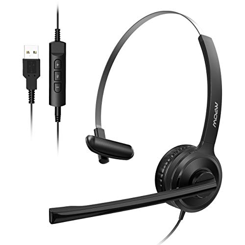 Auriculares USB de una cara Mpow con micrófono, auriculares para computadora en la oreja para PC, auriculares para centros de llamadas