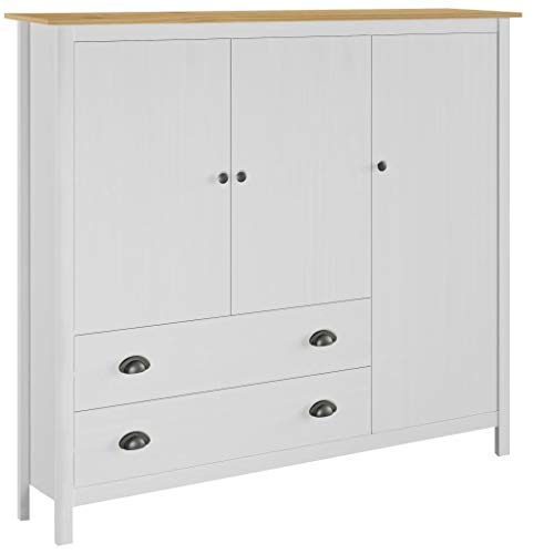Ausla Armario Ropero con 3 Puertas y 2 cajones, 142 x 45 x 137 cm, Armario Habitación de Madera de Pino, Gabinete de Almacenamiento oara Dormitorio, Blanco y marrón Miel Ausla Armario Ropero con 3 Puertas y 2 cajones, 142 x 45 x 137 cm, Armario Habitación de Madera de Pino, Gabinete de Almacenamiento oara Dormitorio, Blanco y marrón Miel