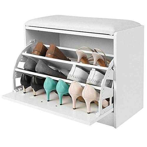 Bakaji - Banco/Zapatero fabricado en madera con puerta abatible, triple profundidad y asiento de cuero ecológico - Ahorra espacio - Cajonera de 60 x 30 x 48 cm - Color blanco