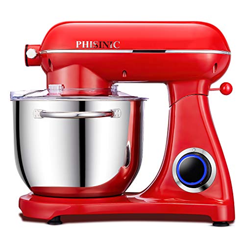 Batidora Amasadora, PHISINIC Amasadora de Pan Repostería, 1800 W 6.5 L Robot de Cocina Multifunción, Potente y Silencioso, Cuerpo Metálico, 6 Velocidades, Amasador, Batidor y Varillas, color Rojo