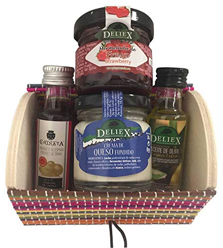 Baúl de madera multicolor con productos de alta calidad, miniaturas de aceite, vinagre, mermelada de fresa y queso oveja y vaca (Pack 24 ud)