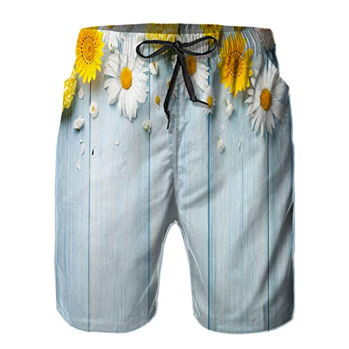 Benle Hombres Playa Bañador Shorts,Flores de jardín sobre Mesa de Madera Azul,Traje de baño con Forro de Malla de Secado rápido M