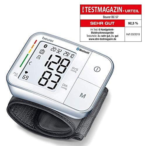 Beurer BC57 - Tensiómetro de muñeca, función Bluetooth, medición automática, detección arritmia, 2 x 60 mediciones, aplicación Health Manager, blanco