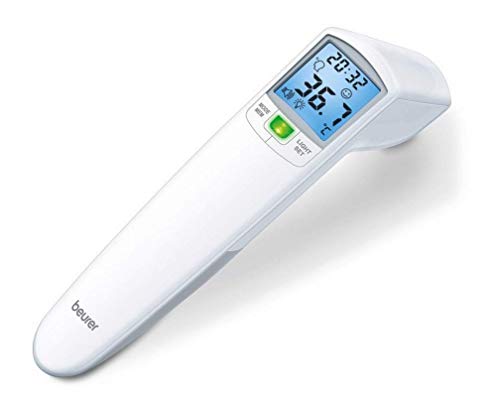 Beurer FT100 - Termómetro digital sin contacto, de precisión por infrarrojos, para adultos y bebés, sin mercurio, sin cristal, para medir cuerpo, ambiente y objetos, 60 mediciones, blanco