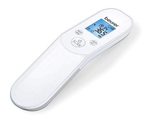Beurer FT85 - Termómetro digital sin contacto, de precisión por infrarrojos, para adultos y bebés, sin mercurio, sin cristal, para medir cuerpo, ambiente y objetos, 60 mediciones, blanco