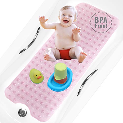bisoo BPA Free 40x100 cm Alfombra Bañera Antideslizante Infantil Extra Larga para Baño de Niños Bebes y Ducha Infantil - Libre de BPA - Alfombrilla Baño con Tratamiento Antibacteriano (Rosa)