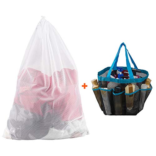 Bolsa de lavandería de malla y carro de ducha portátil, bolsa de cordón grande y pesada YuCool lavable a máquina para fábricas, dormitorios, apartamentos y viajes-24"x36" (blanco, azul) Bolsa de lavandería de malla y carro de ducha portátil, bolsa de cordón grande y pesada YuCool lavable a máquina para fábricas, dormitorios, apartamentos y viajes-24"x36" (blanco, azul)