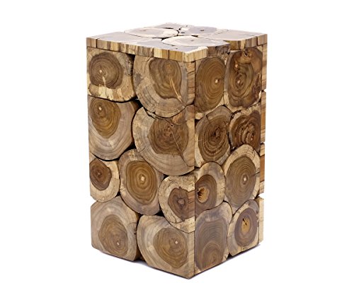 Brillibrum Mesa auxiliar de diseño de madera de teca, taburete de flores en aspecto único, robusto, taburete de madera de teca de tronco de árbol (mesa – mediana 50 x 29 x 29 cm natural)