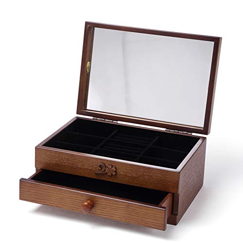 Caja Joyero con Espejo - Antigüedad De Madera Organizador De Joyerías - Talla De Madera Fina Caja De Almacenamiento 2 Pisos con 1 Cajón