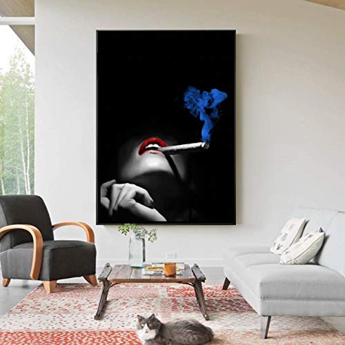 Carteles e impresiones de retratos artísticos en blanco y negro moderno Mujeres fumadoras atractivas Pintura de lienzo de labios rojos Sala de estar Moda Decoración para el hogar-60x80cm Sin marco