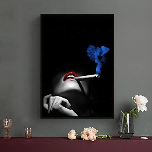 Carteles e impresiones de retratos artísticos en blanco y negro modernos Mujeres fumadoras atractivas Pintura en lienzo de labios rojos para la sala de estar Decoración del hogar-60x90cm Sin marco