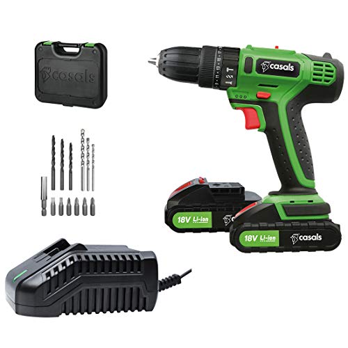 Casals VNPLI18M-2 - Taladro percutor con batería de litio de 18 V (1,5 A-h, 1.500 rpm, 30 N-m, con batería adicional y maletín) color verde y negro Casals VNPLI18M-2 - Taladro percutor con batería de litio de 18 V (1,5 A-h, 1.500 rpm, 30 N-m, con batería adicional y maletín) color verde y negro