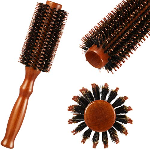 Cepillo de Pelo Redondo de Cerdas de Jabalí Cepillo de Peinado con Mango de Madera Peine de Rodillo de Copete Antiestático para Mujeres y Hombres, Alisado y Rizado, Cabello Húmedo y Seco