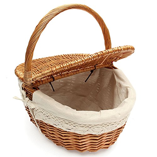 Cesta de picnic de mimbre hecha a mano Cesta de almacenamiento de compras que acampa con doble tapa y mango - Color madera pequeña Cesta de picnic de mimbre hecha a mano Cesta de almacenamiento de compras que acampa con doble tapa y mango - Color madera pequeña
