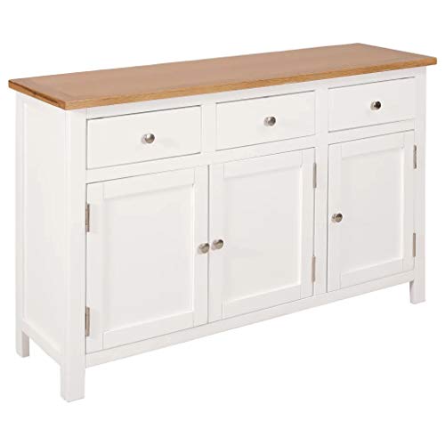 Cikonielf Aparador con 3 cajones y 2 armarios, armario lateral, estilo rústico, de madera maciza, para salón, comedor, pasillo, 110 x 33,5 x 70 cm – blanco y marrón