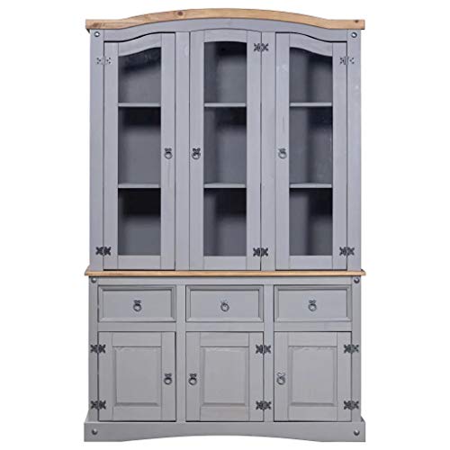 Cikonielf Aparador con vitrina de madera maciza de pino 132 x 43 x 196 cm Aparador rústico con 3 cajones, 3 armarios y 9 compartimentos – Gris con parte superior marrón Cikonielf Aparador con vitrina de madera maciza de pino 132 x 43 x 196 cm Aparador rústico con 3 cajones, 3 armarios y 9 compartimentos – Gris con parte superior marrón