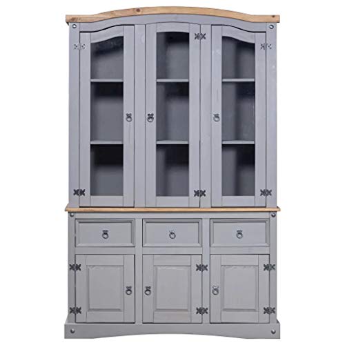 Cikonielf Aparador con vitrina de madera maciza de pino 132 x 43 x 196 cm Aparador rústico con 3 cajones, 3 armarios y 9 compartimentos – Gris con parte superior marrón