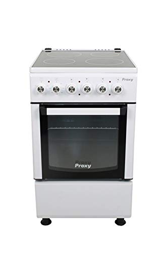 Cocina vitrocerámica 50 cm de ancho con horno eléctrico PROXY, color blanco, 4 zonas vitro y horno eléctrico 4 funciones.