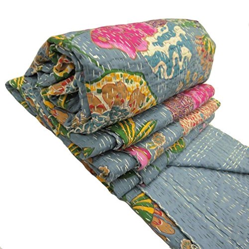 Colcha Kantha india hecha a mano con frutas, edredón de la Reina Khanta, edredón bohemio con estampado de frutas tropicales, manta de algodón extensible de Kantha, tamaño 90 x 108