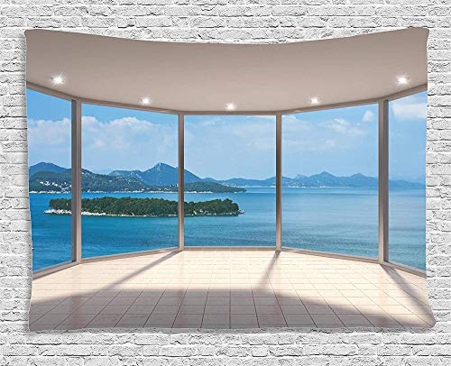 Colecci¨®n de decoraci¨®n de la casa ¨¢rea de sal¨®n moderna y vac¨ªa con ventana grande y vista al mar Arquitectura contempor¨¢nea Dormitorio Sala de estar Dormitorio Tapiz colgante de pared Pulgada