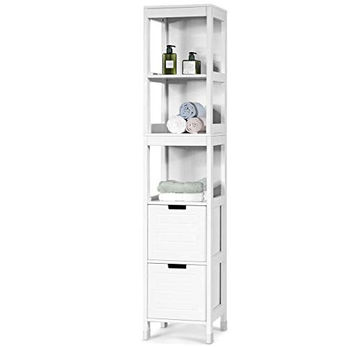 COSTWAY Armario Alto de Suelo para Baño con 2 Cajones y 3 Estantes Mueble Columna de Madera para Cocina Ducha Blanco