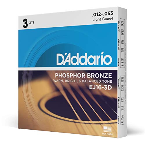 D'Addario EJ16-3D Phosphor Light -Cuerdas para guitarra acústica (.012-.053) tensión baja (Pack de 3)