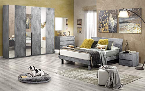 Dafne Italian Design Dormitorio completo – Cemento gris (cama de matrimonio, armario, mesita de noche, espejo, cómoda