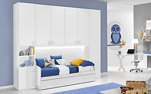 Dafne Italian Design Dormitorio completo con puente, blanco (doble cama individual y armario) (300 x 96 x 259 cm)