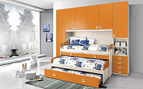 Dafne Italian Design Dormitorio completo con puente, efecto abedul, mandarina (triple cama individual y armario) (300 x 96 x 259 cm)