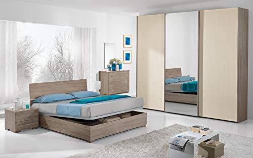 Dafne Italian Design Dormitorio completo – Efecto roble gris, pino claro (cama de matrimonio, armario, mesilla de noche, espejo, cómoda