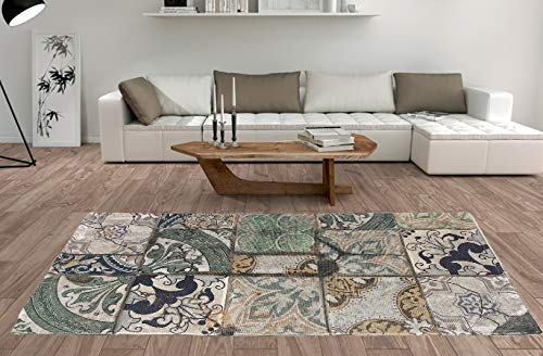 De'Carpet Alfombra Salón Dormitorio Moderna Algodón Lavable Estampada Mosaico Mint (140x200cm)