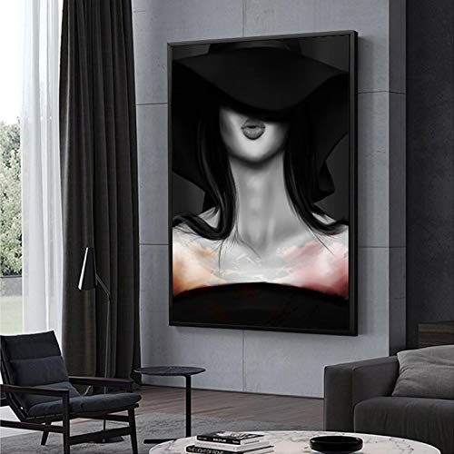 Decoración del hogar Moderna en blanco y negro Mujeres fumadoras atractivas con sombrero de labios rojos Pintura en lienzo Imágenes de arte de pared para vivir 60x80cm Sin marco