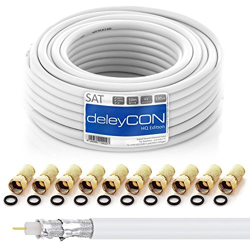 deleyCON HQ 10m Cable Coaxial Sat 130dB Blindado de 4 Capas DVB-S+S2 DVB-T DVB-C Cable de Banda Ancha 4K 1080p Full HD HDTV 10 Conectores F Dorados